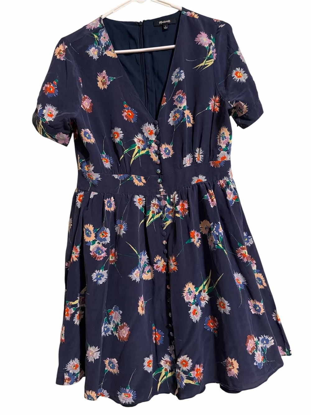 Madewell 100% Silk Navy Floral Button Front Midi Dress Short Sleeve Sz 6